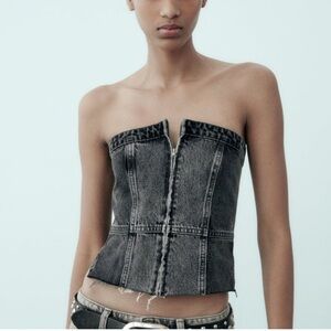 Zara distressed Black Denim Strapless corset zippered Top size xs